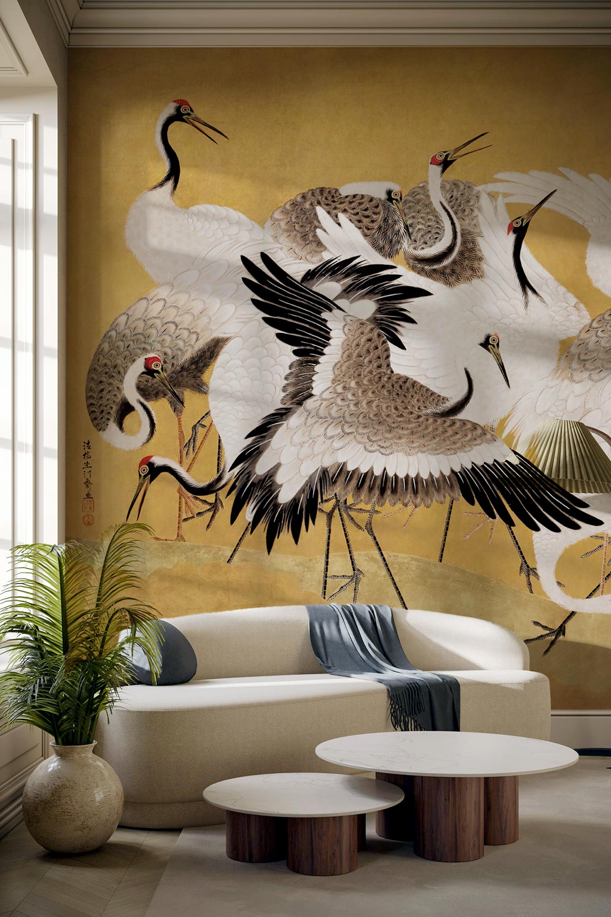 Flock of Elegant Japanese Cranes Wall Mural - Eazywallz