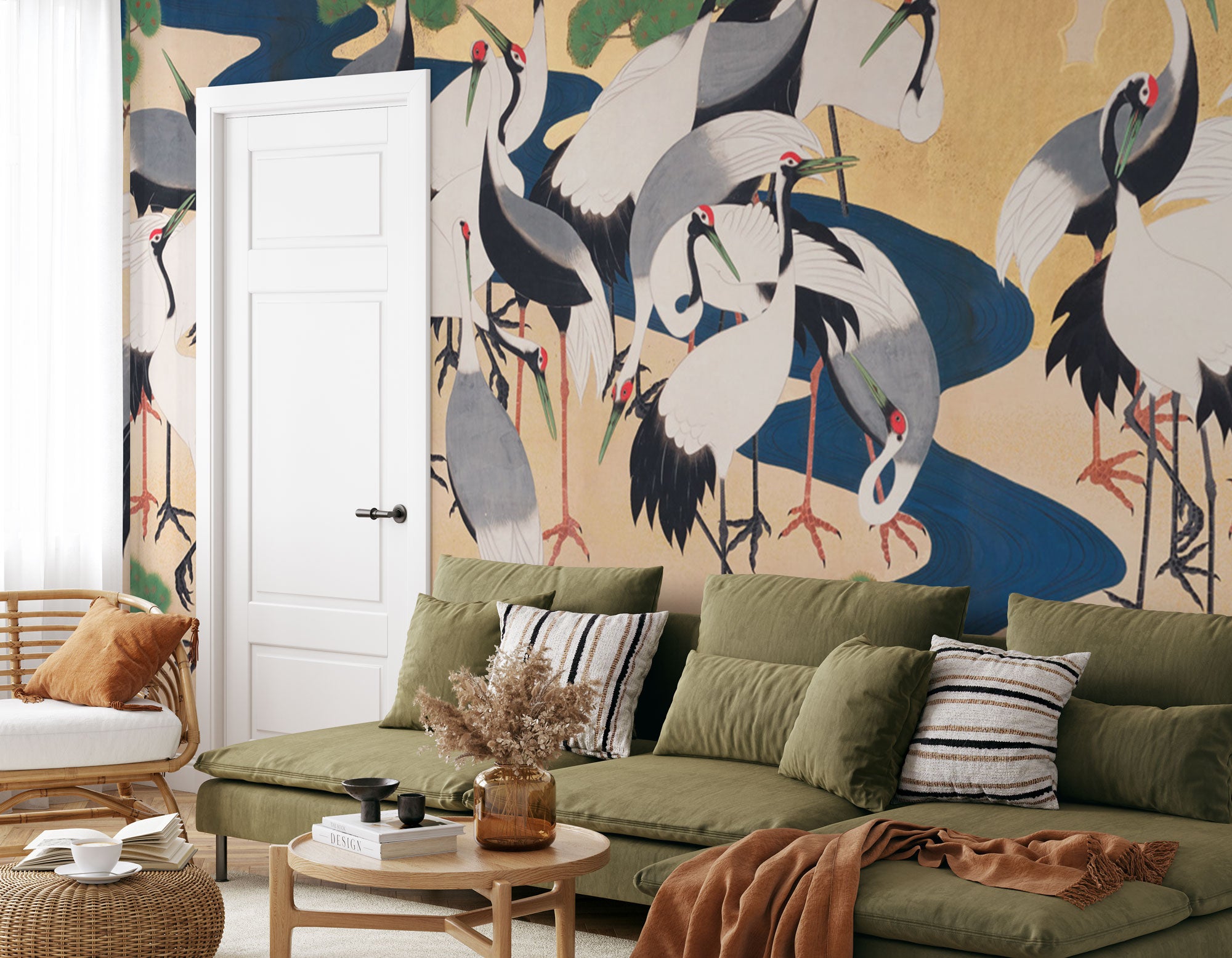 Graceful Flight of Japanese Cranes Panoramic Wall Mural