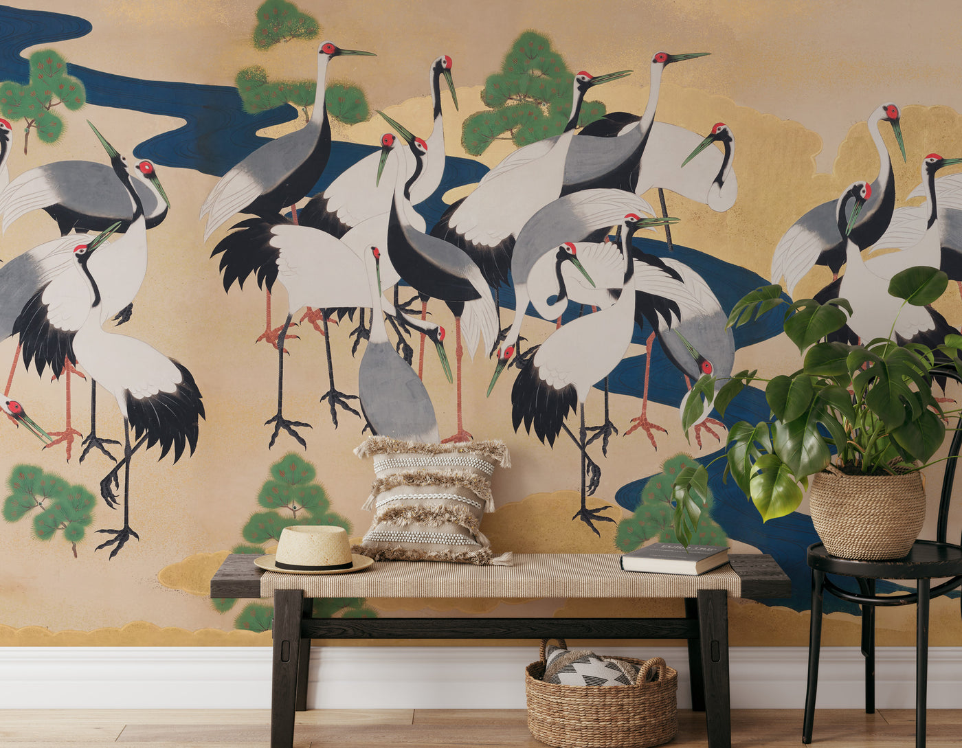 Graceful Flight of Japanese Cranes Panoramic Wall Mural