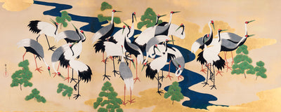 Graceful Flight of Japanese Cranes Panoramic Wall Mural