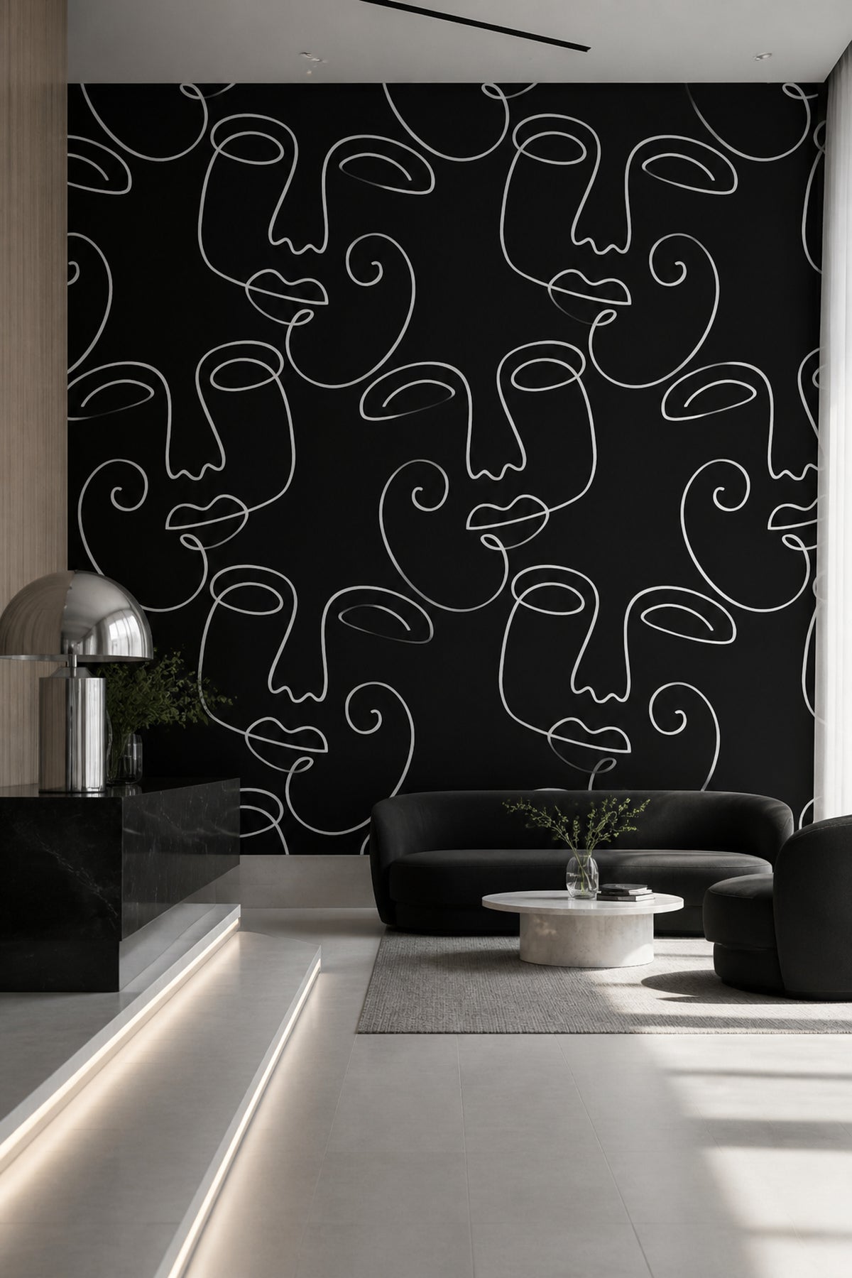 Black Abstract Faces 2 wall mural in a modern living room