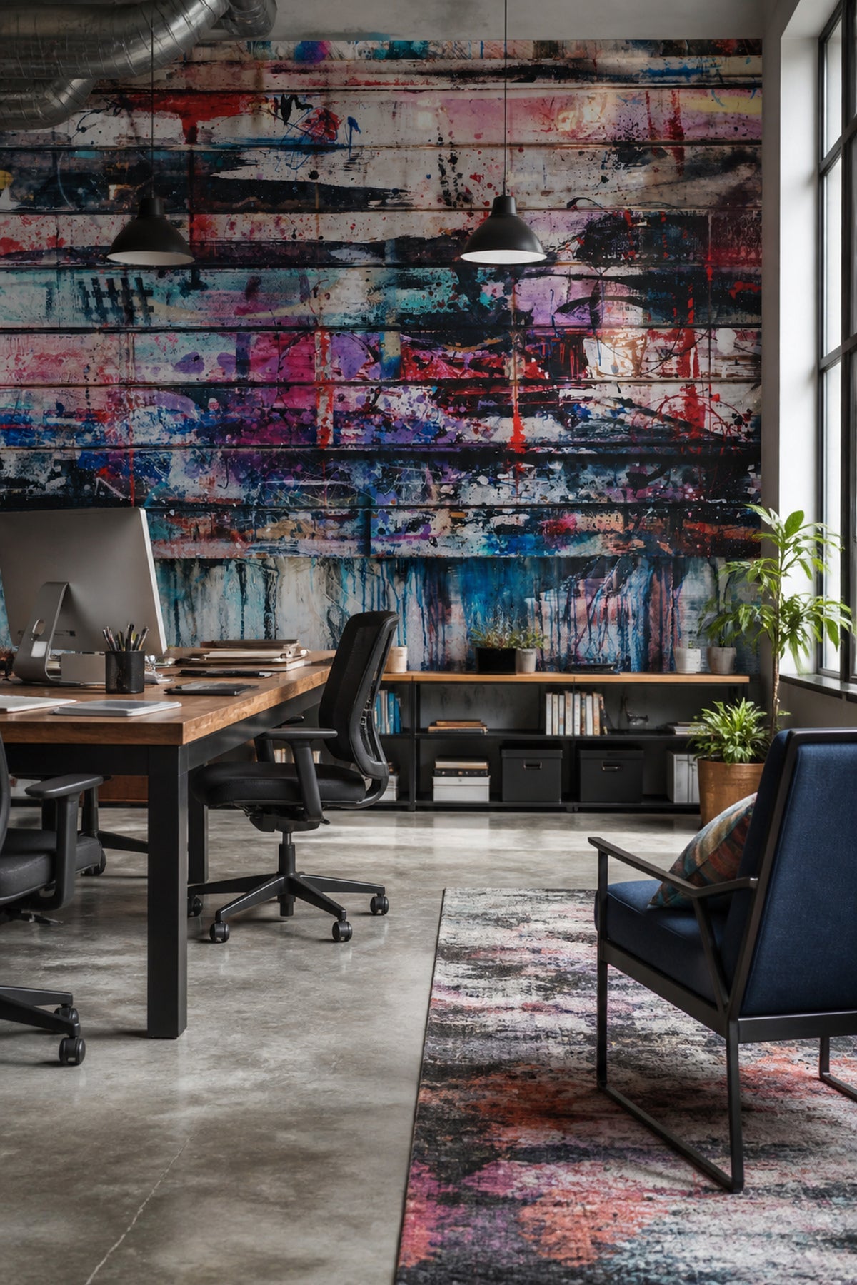 Paint Splattered Planks wall mural in a home office