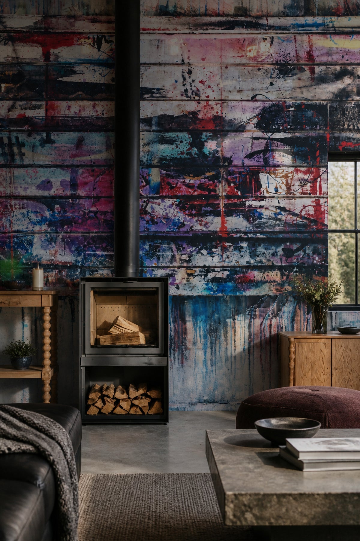 Paint Splattered Planks wall mural in a living room
