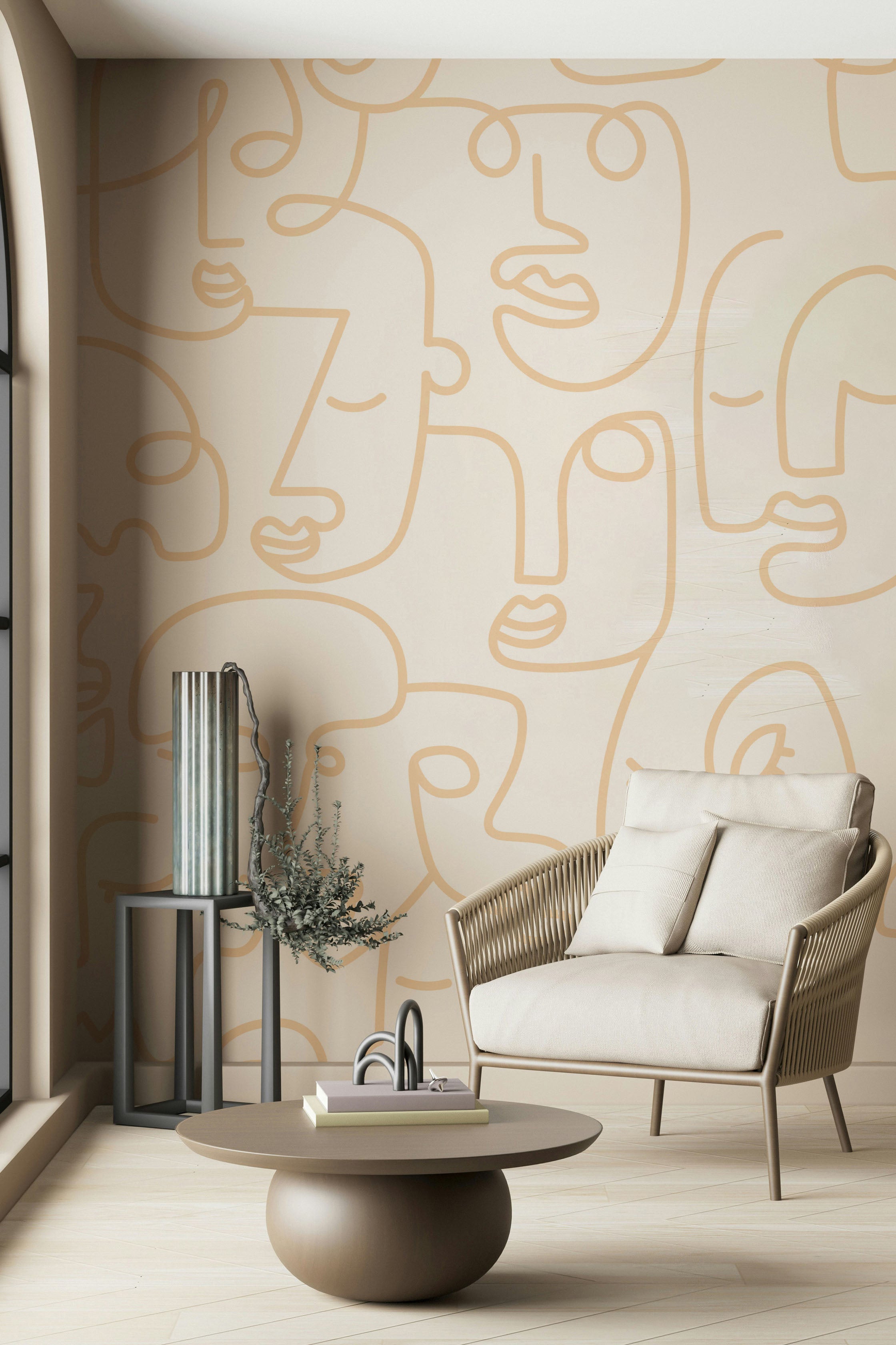 White Gold Abstract Line Faces Wall Mural