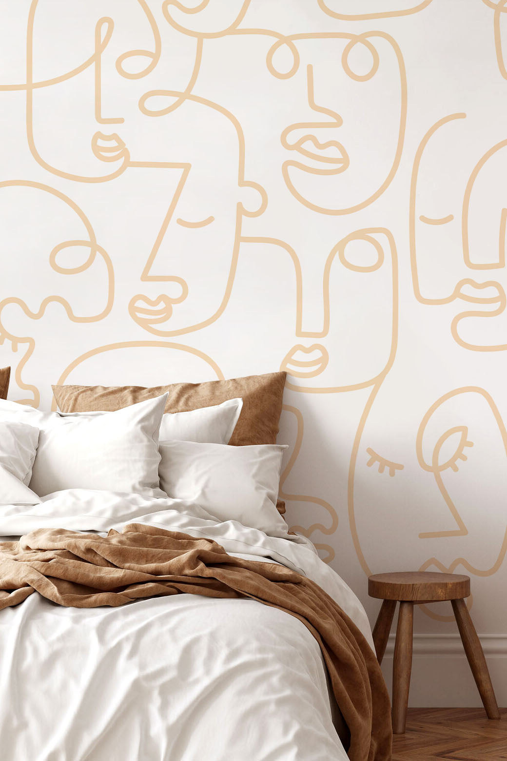 White Gold Abstract Line Faces Wall Mural