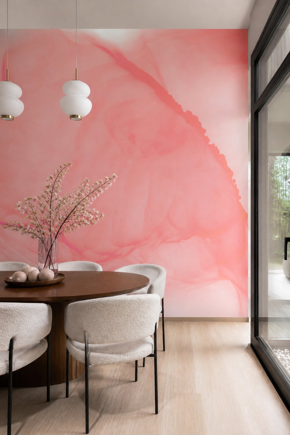 Faint Coral Ink Utopia wall mural in a dining room