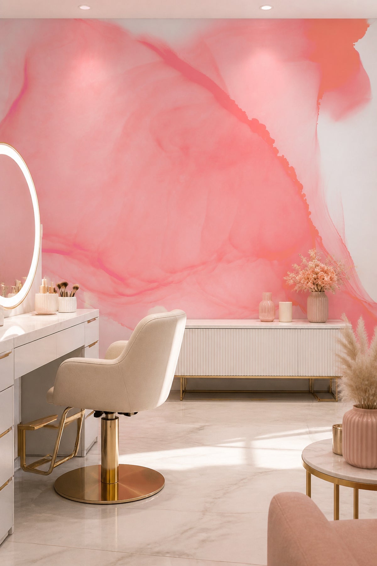 Faint Coral Ink Utopia wall mural behind a vanity