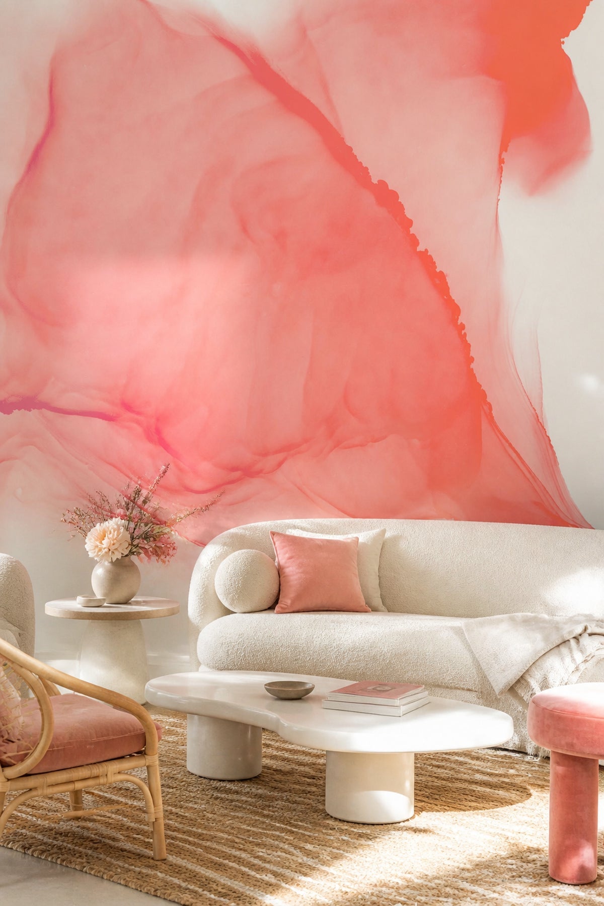 Faint Coral Ink Utopia wall mural in a living room