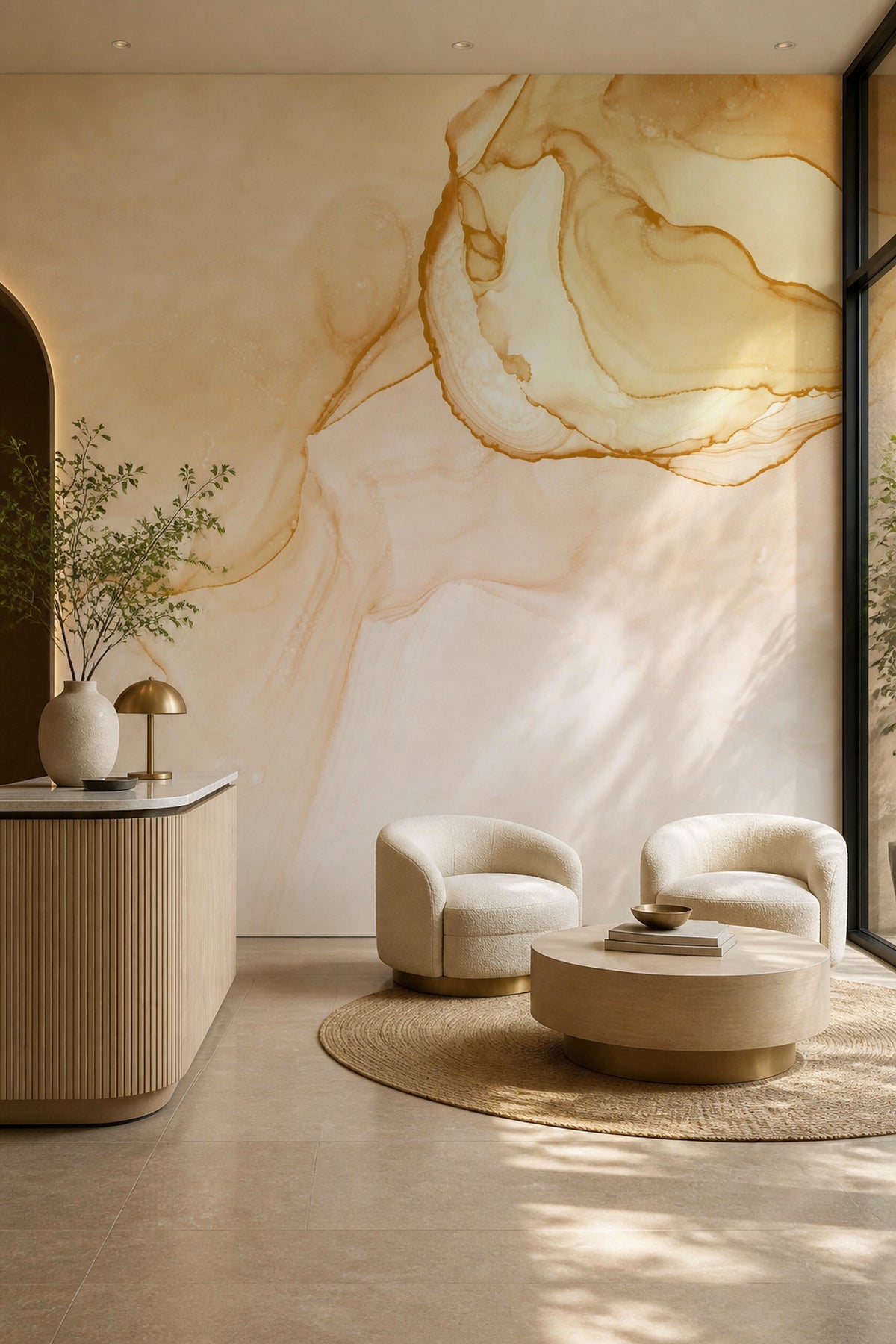 Mountain Gold Ink Utopia wall mural installed in a living room