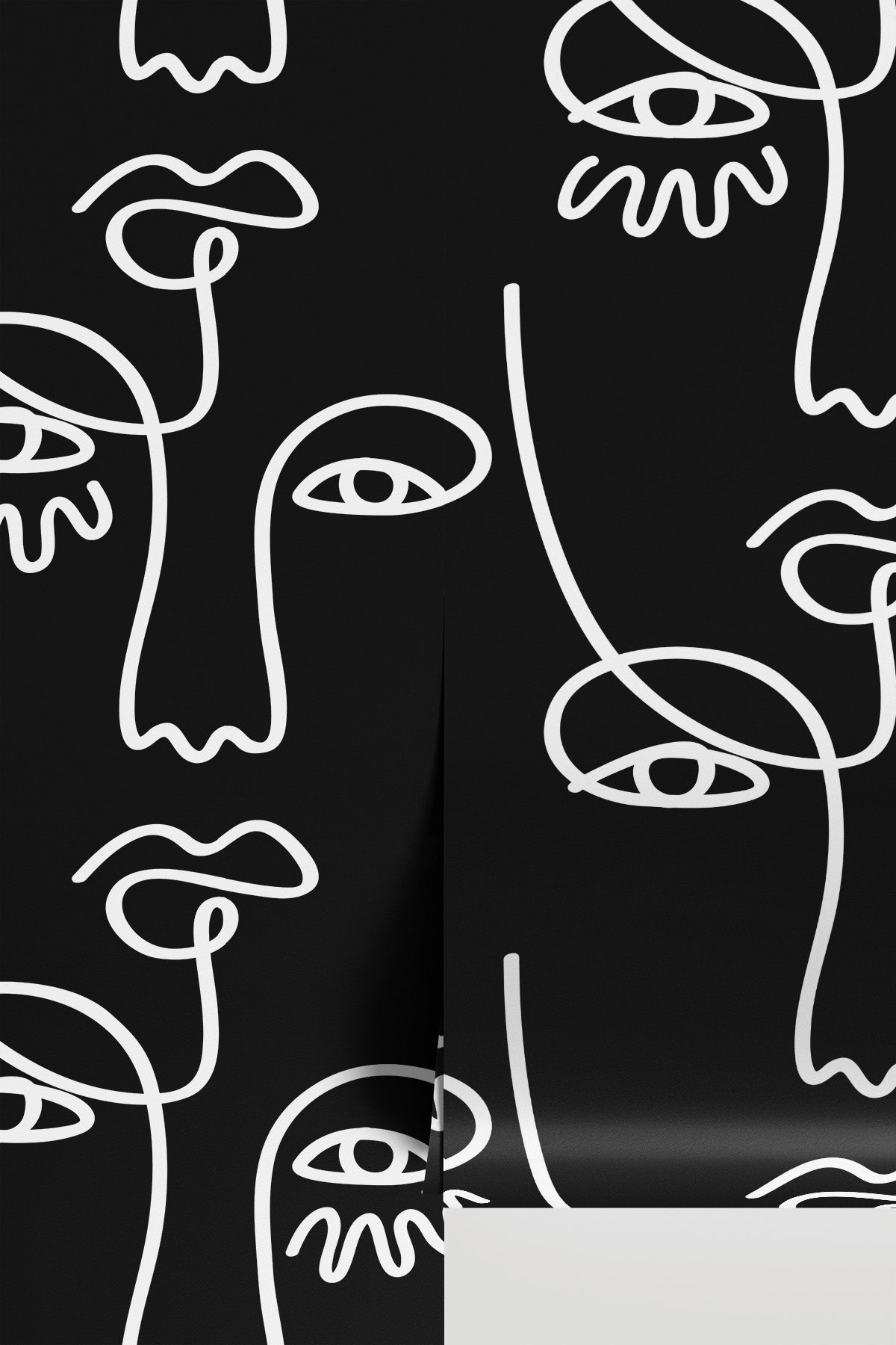 Large Black Abstract Line Faces wall mural, standalone view