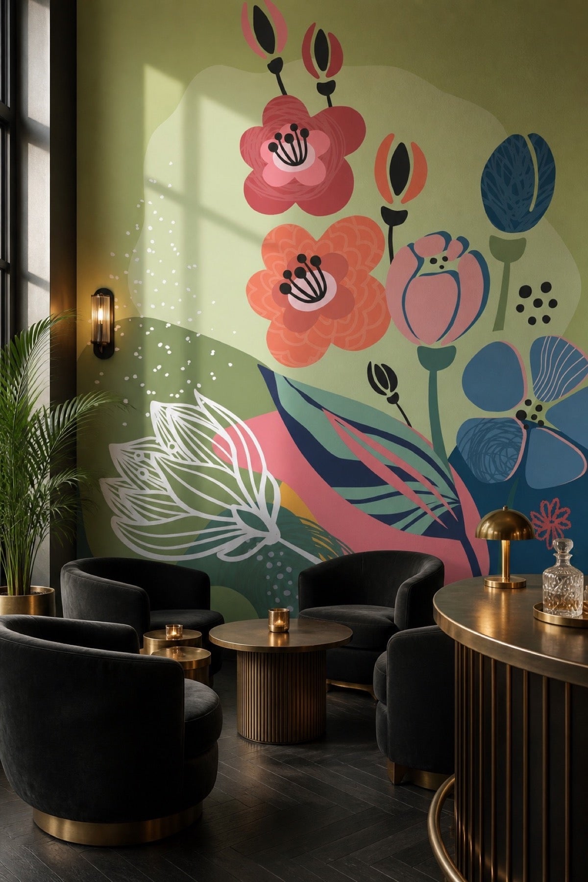 Abstract Floral Card 4 wall mural in a lounge setting