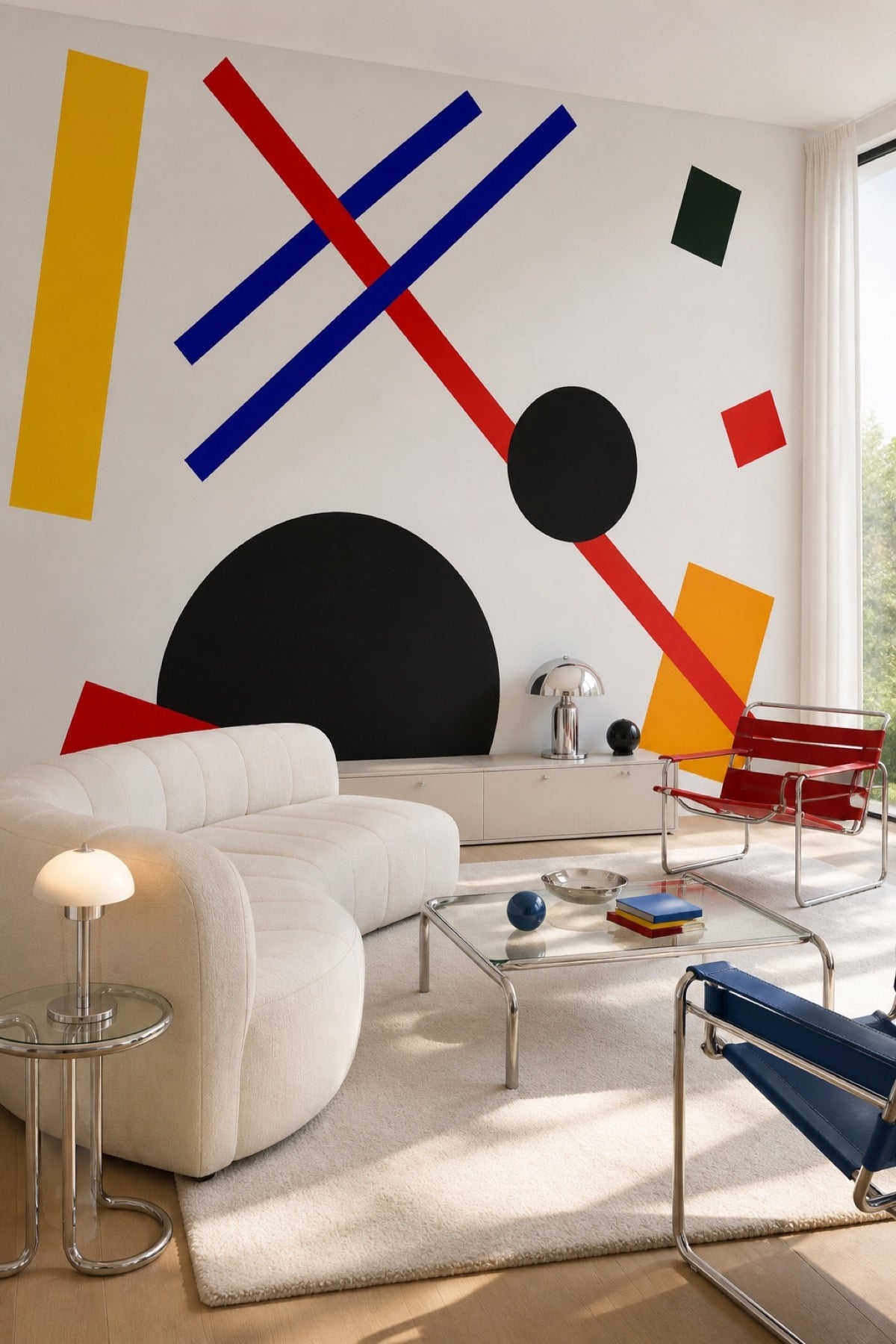Abstract Bauhaus wall mural in a bright modern living room