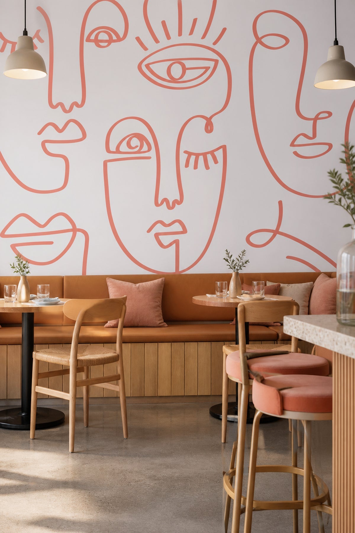 Coral Minimal Abstract Faces wall mural in a dining space