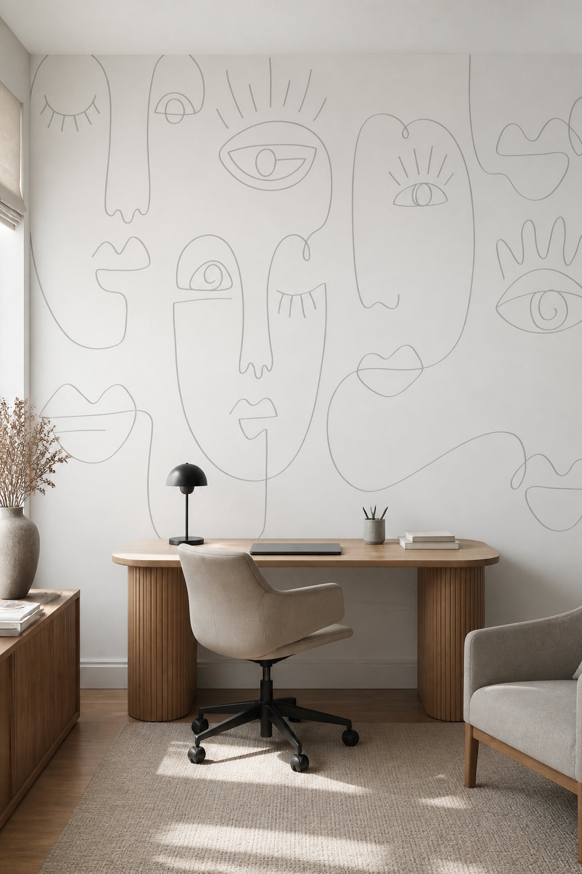 Grey Abstract Line Faces 2 wall mural in a home office