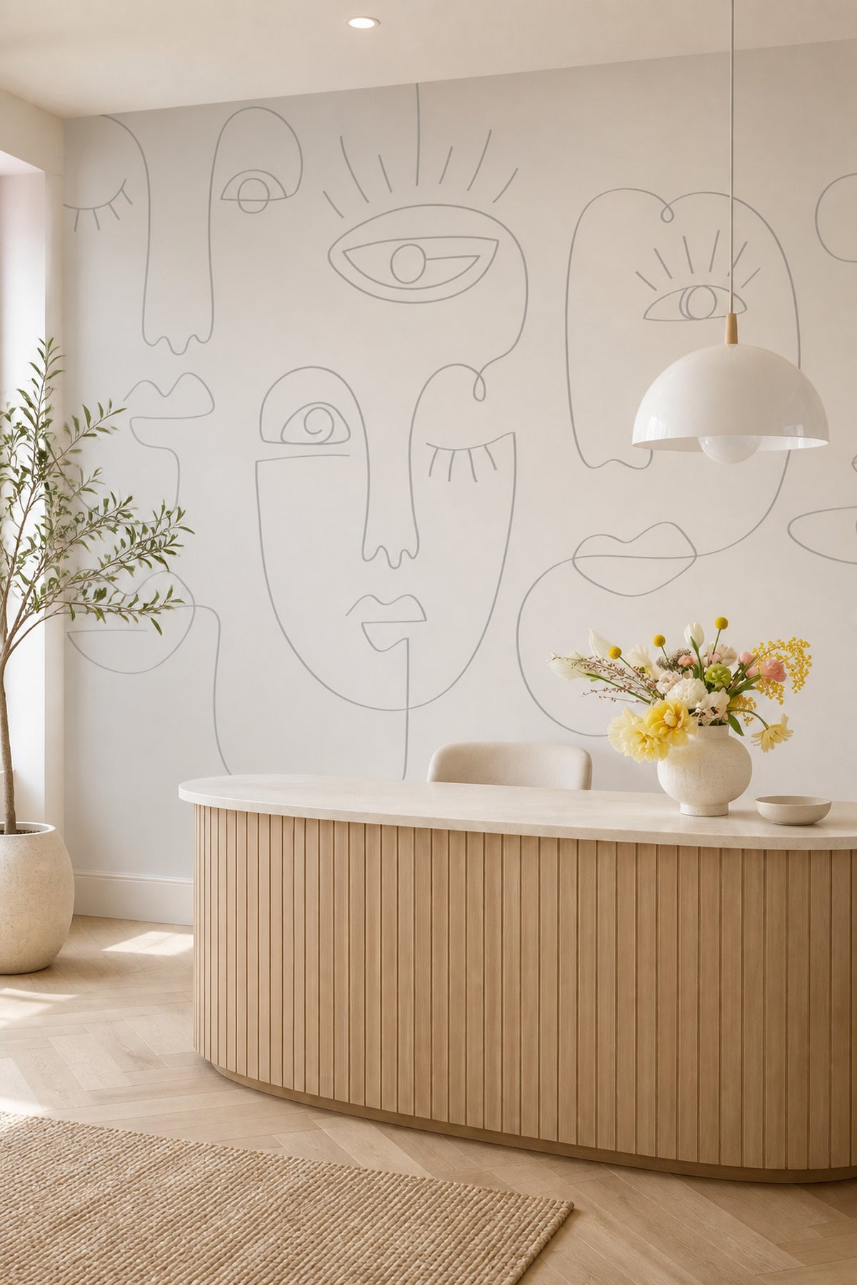 Grey Abstract Line Faces 2 wall mural in an entryway/reception space