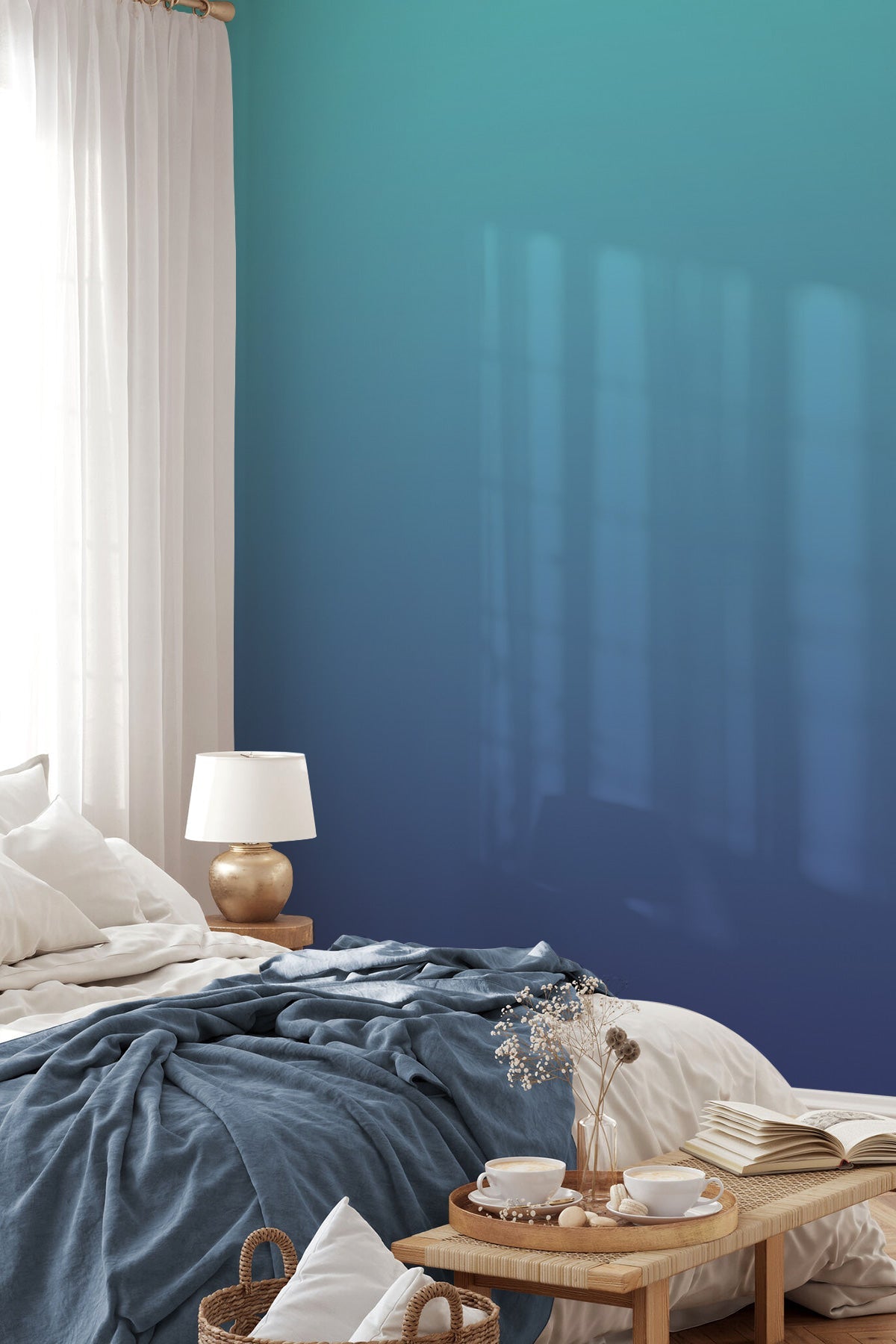 aquamarine blue gradient wallpaper in a bedroom