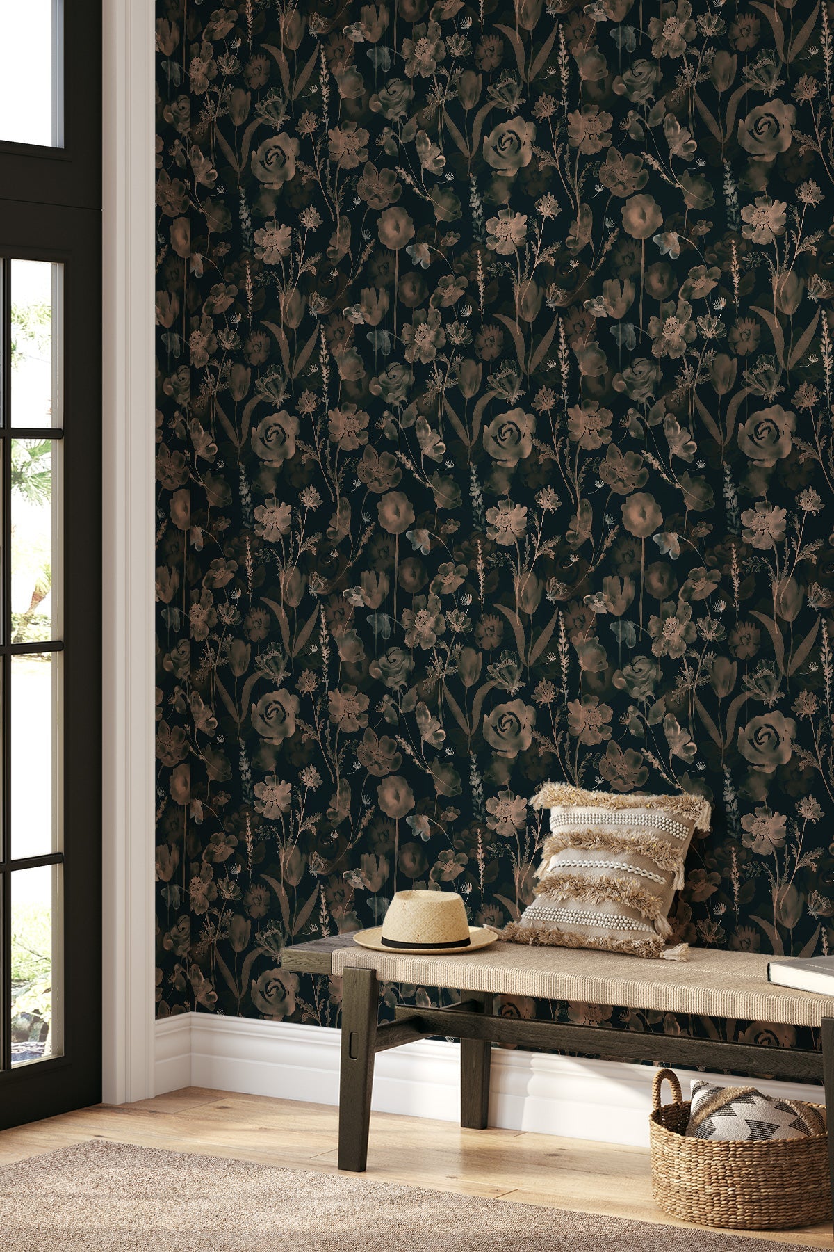 FLOWERS ジグソーパズル 木製フレーム付き Innocent Grey Dark Wisley Wallpaper - Dark Floral Wallpaper for home - Eazywallz