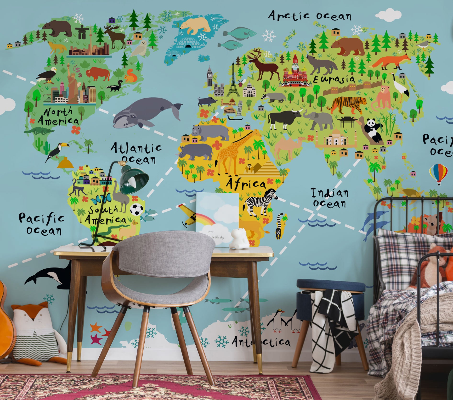Animal World Map Wall Mural