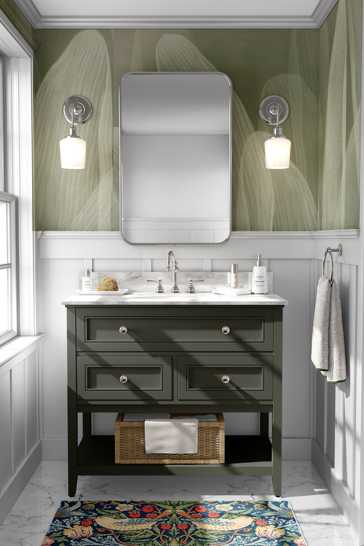 Elowen / Sage wall mural in a bathroom with dark wooden vanity, white sink, and decorative rug.