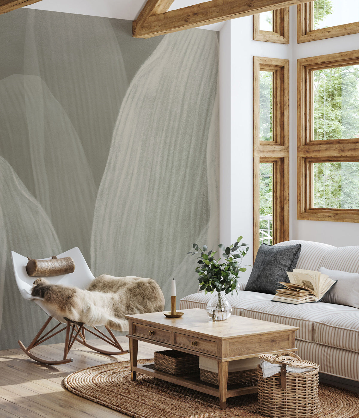 Elowen / Taupe wall mural in a cozy living room with a rocking chair and coffee table.