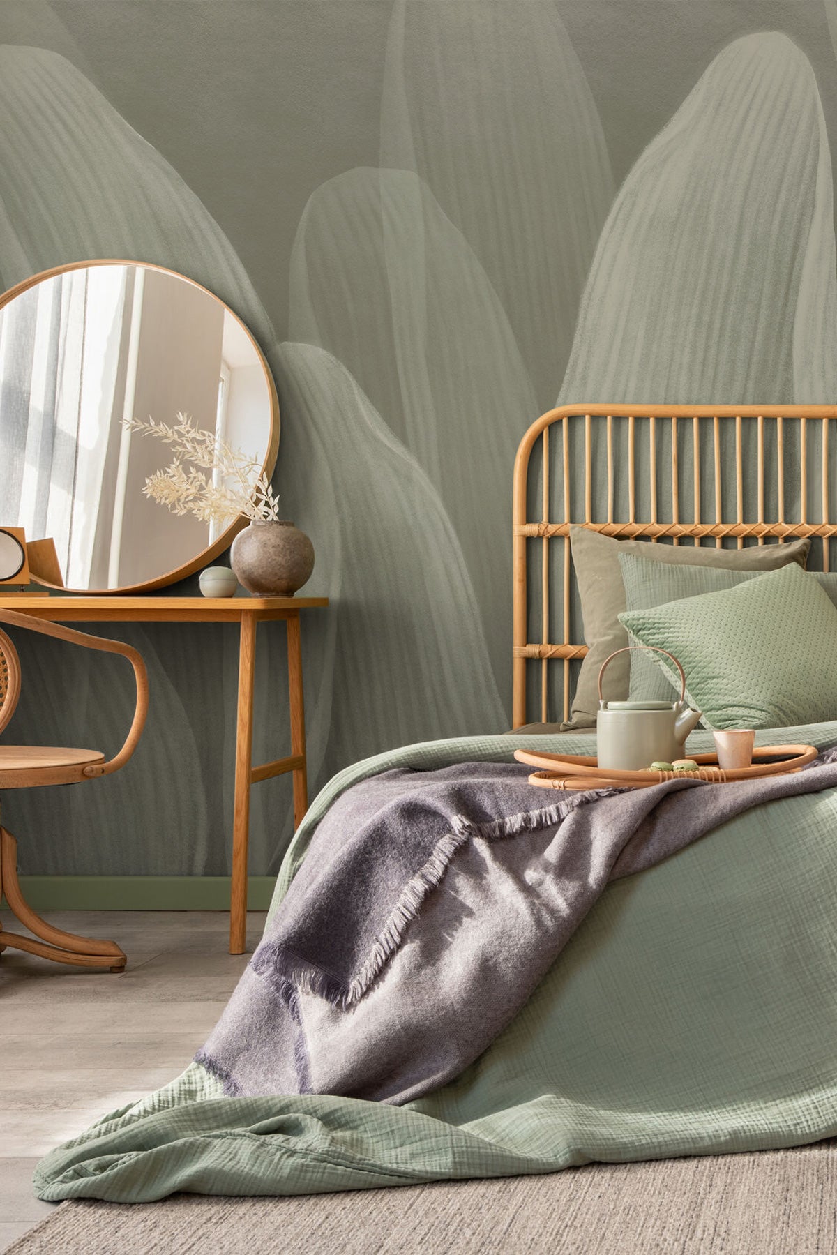 Elowen / Taupe in a cozy bedroom with a bed, side table, and decorative elements.