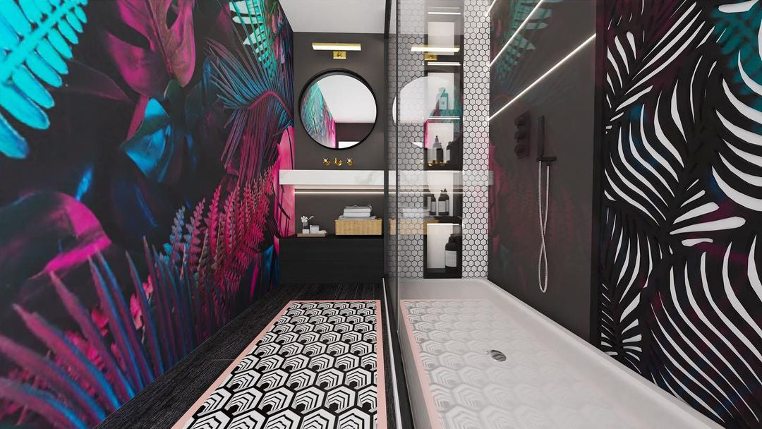 custom neon forest wall mural in high end bathroom