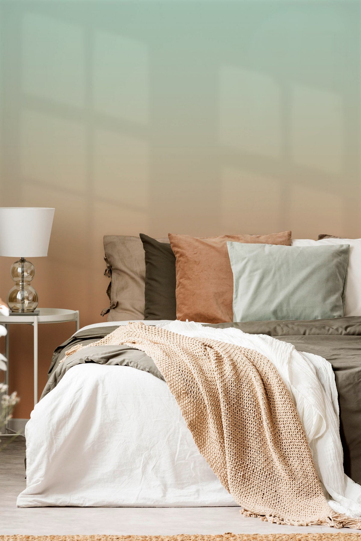 Minty Peach wallpaper in a bedroom