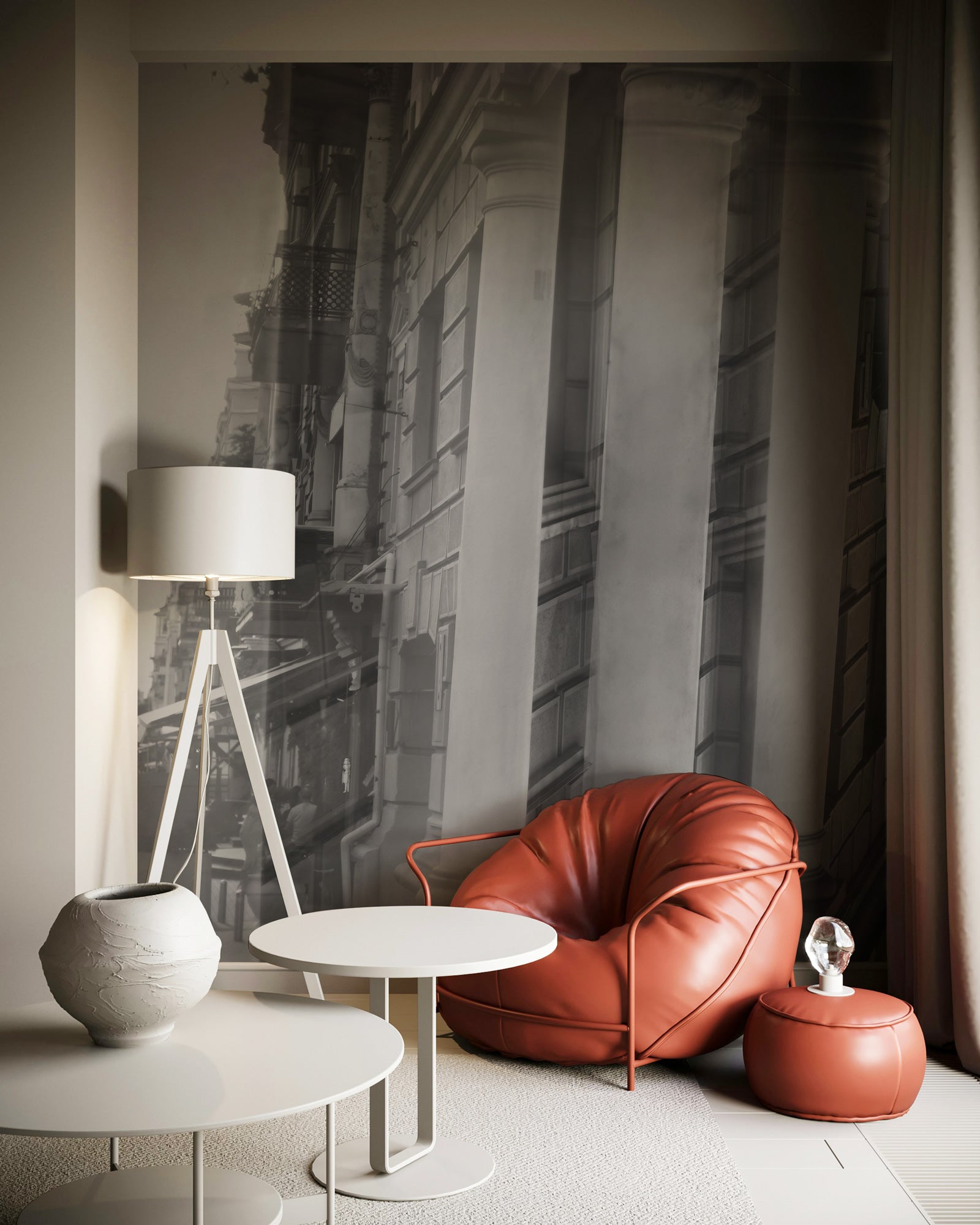 Parallaxis Wall Mural in a modern interior with a red leather chair, white tables, and a lamp.