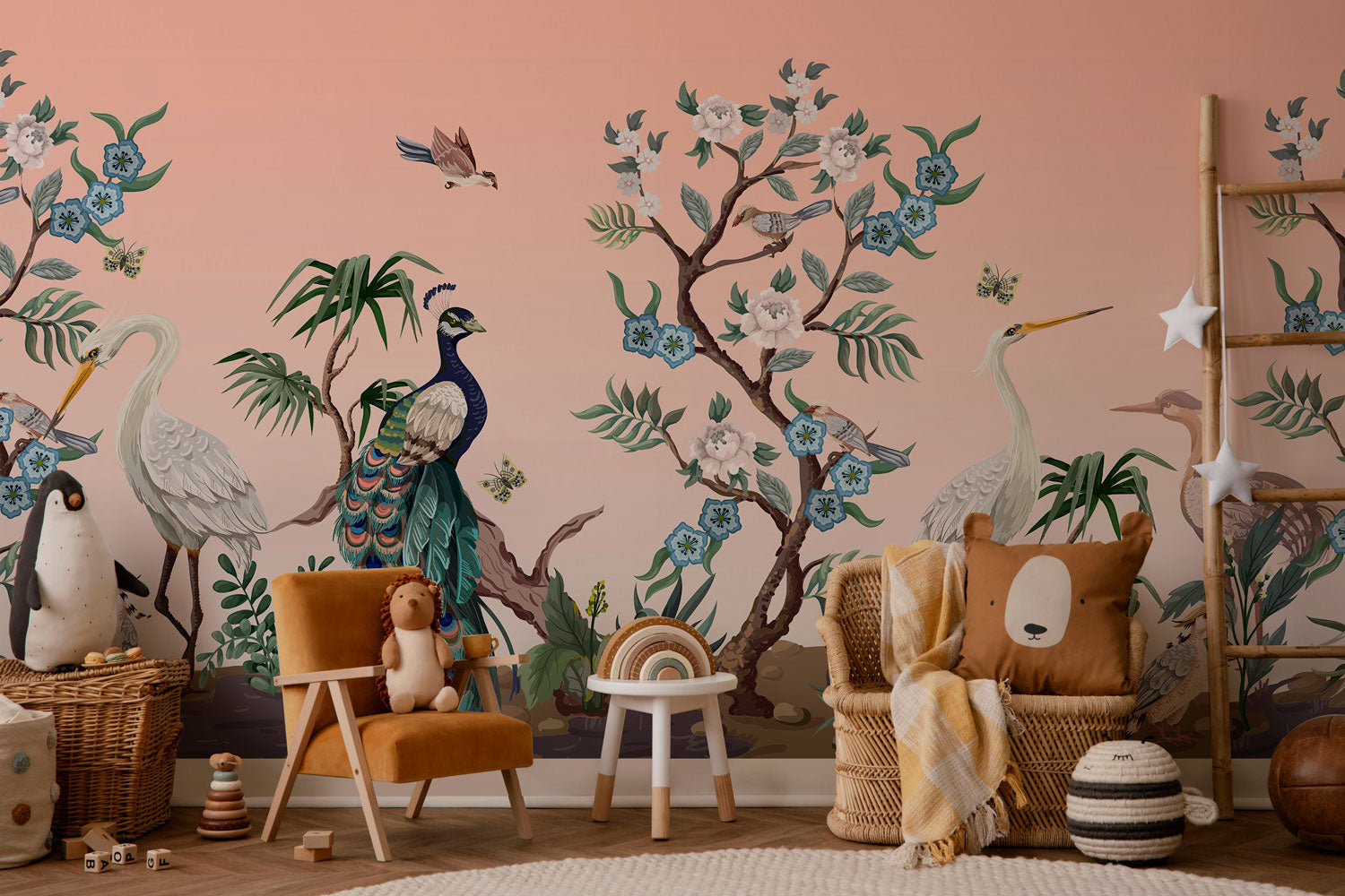 Pink Birds and Flowers Chinoiserie Wall Mural