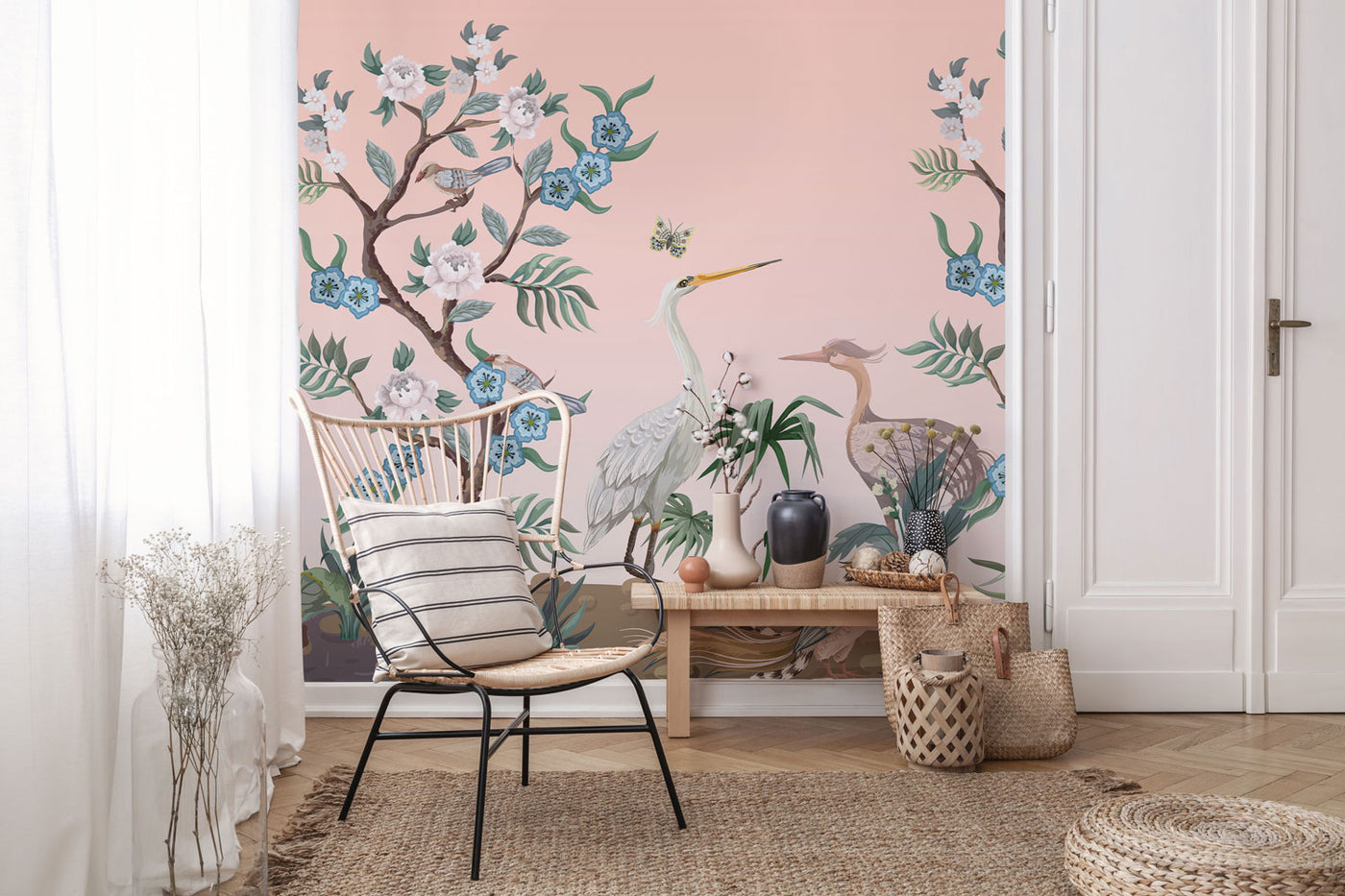 Pink Birds and Flowers Chinoiserie Wall Mural