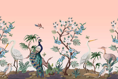 Pink Birds and Flowers Chinoiserie Wall Mural
