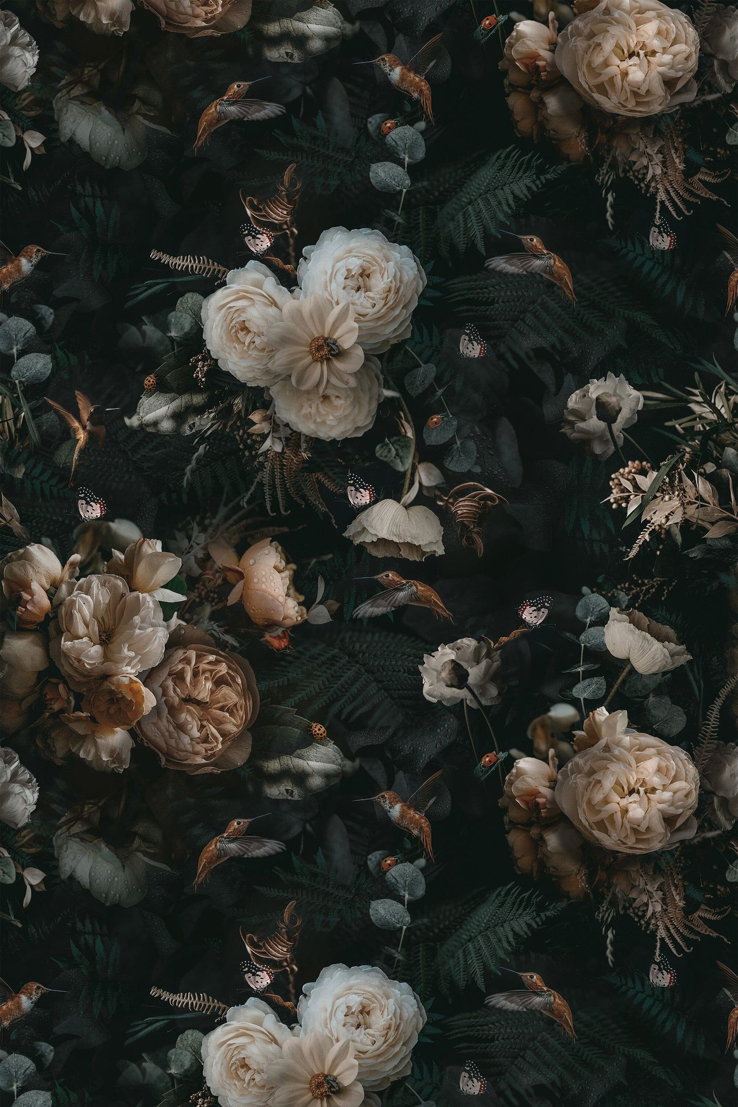 Dark Floral & Hummingbird Wall Mural – Midnight Nectar - Eazywallz
