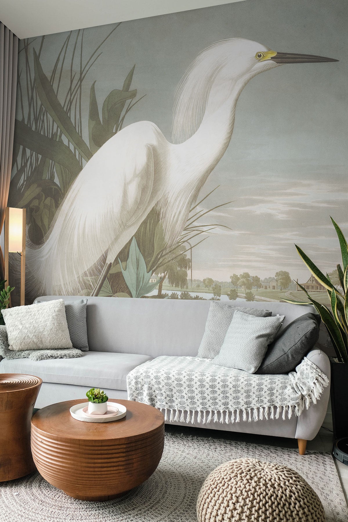Snowy Heron Mural | Vintage Bird Illustration Wall Mural | EazyWallz