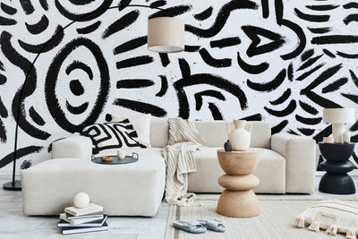 abstract black and white wall mural in a minimal boho space
