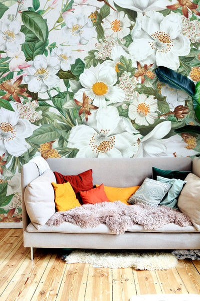 floral petals wallpaper mural colorful living room