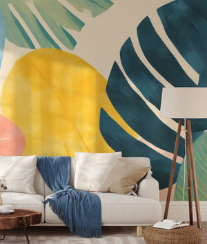 watercolor tropical maximalism wall mural in a living room interior 
