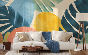 watercolor tropical maximalism wall mural in a living room interior 