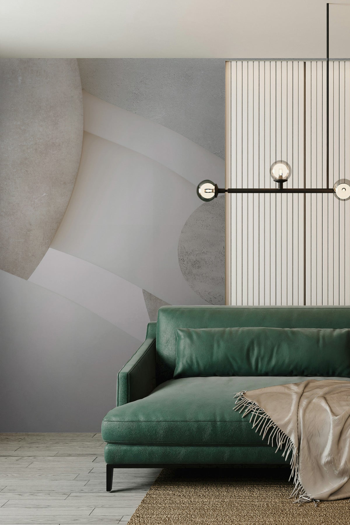 Astra Veil / Stone behind a  Green sofa in a modern living room.