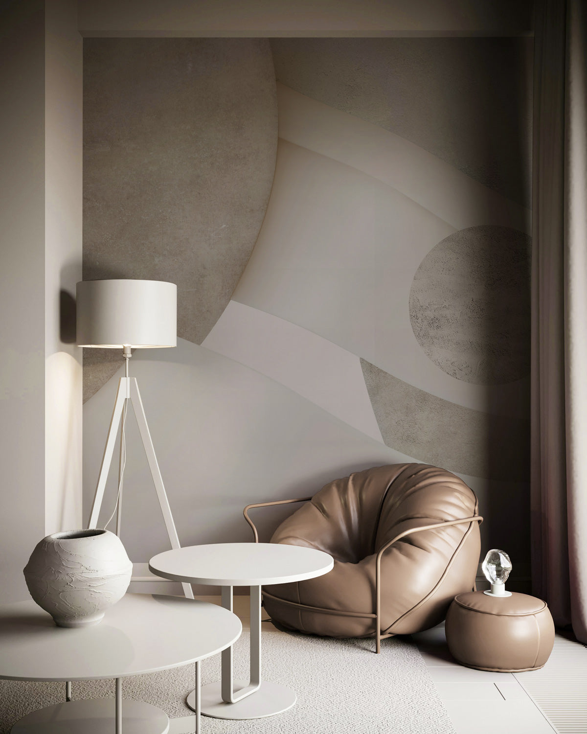 Astra Veil / Stone in a modern interior with a brown leather chair and white tables.