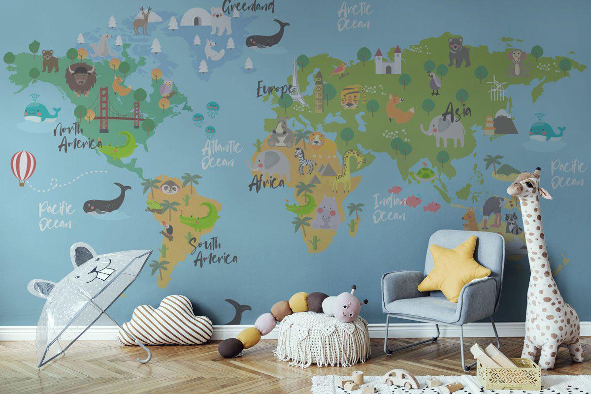 MareWallArt World Map Wallpaper - Kids Map Wall Mural, Nursery Map Wall  Mural, Kidsroom Animals Wall Print, Childroom Playroom Wallpaper