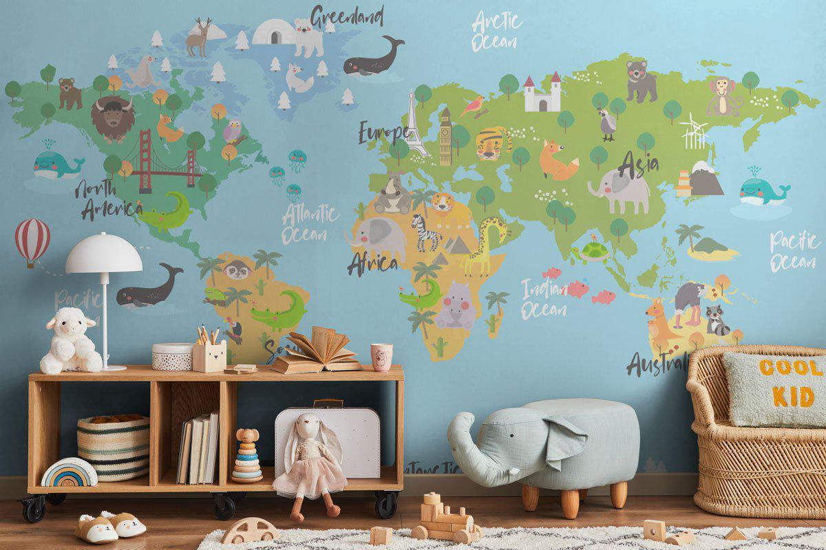 Animal World Map Wall Mural, Kids Wallpaper Murals