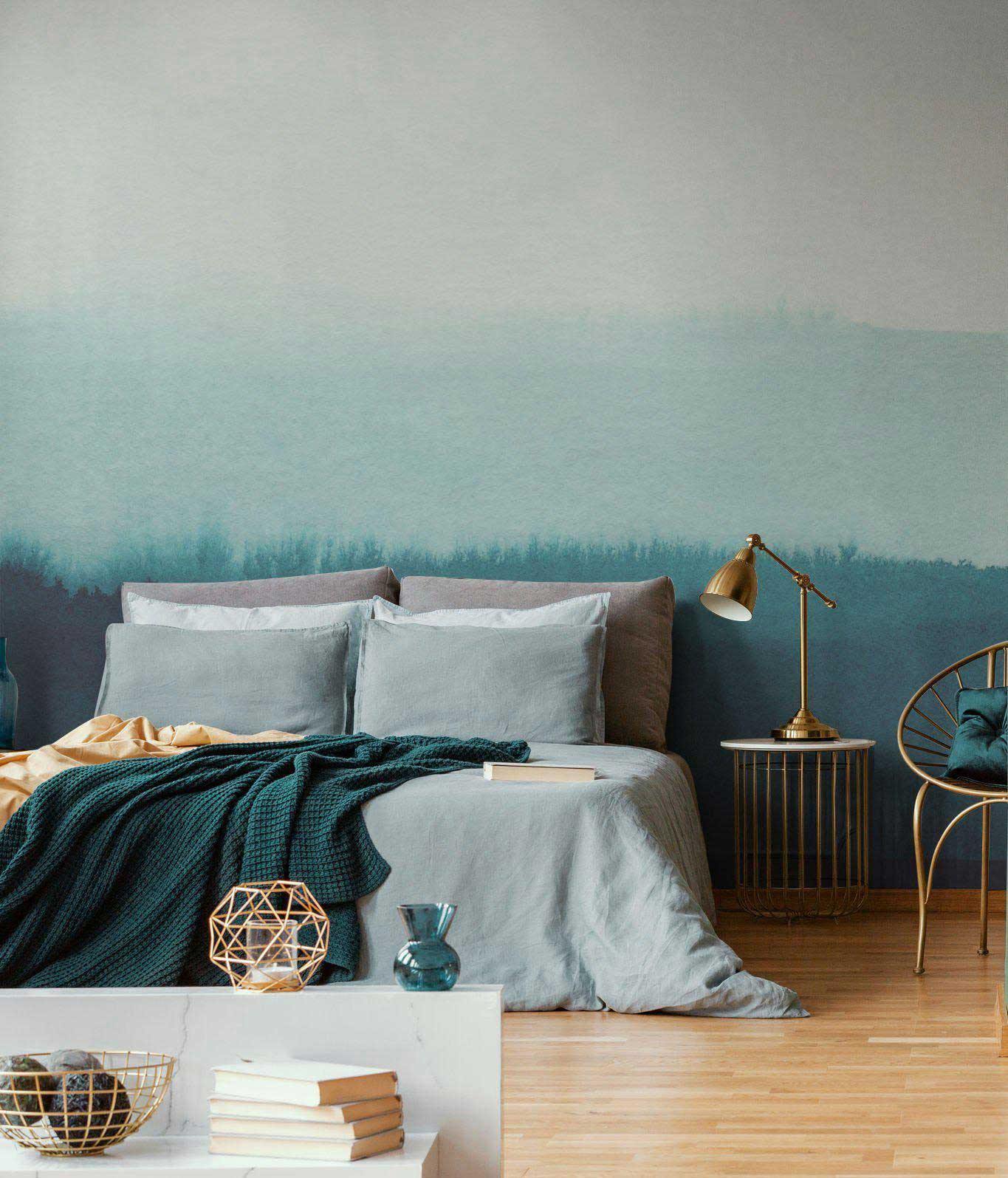 Bedroom interior featuring the 'Backwoods Color Block Wall Mural' and wooden flooring
