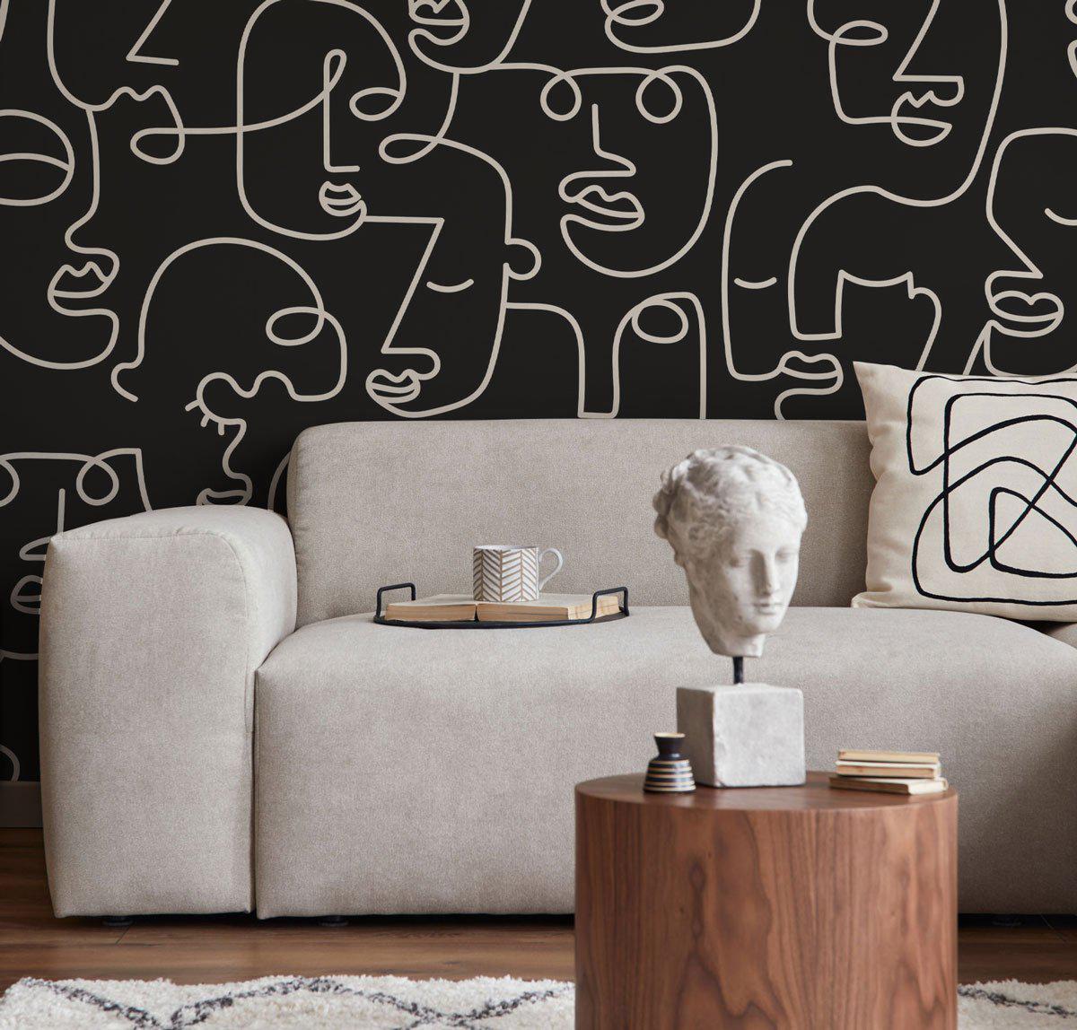 Black Abstract Line Faces Wall Mural-Wall Mural-Eazywallz