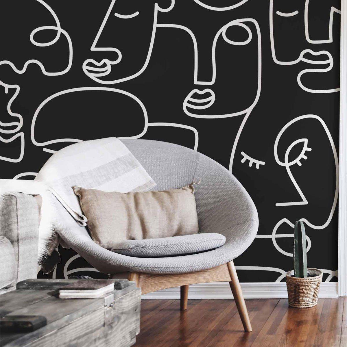 Black Abstract Line Faces Wall Mural-Wall Mural-Eazywallz