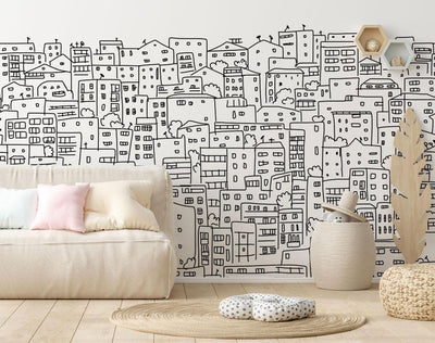 Black and White City Sketch Mural-Wall Mural-Eazywallz