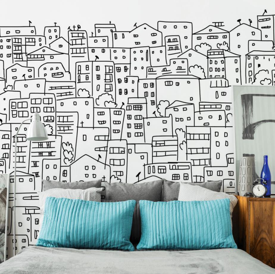 Black and White City Sketch Mural-Wall Mural-Eazywallz