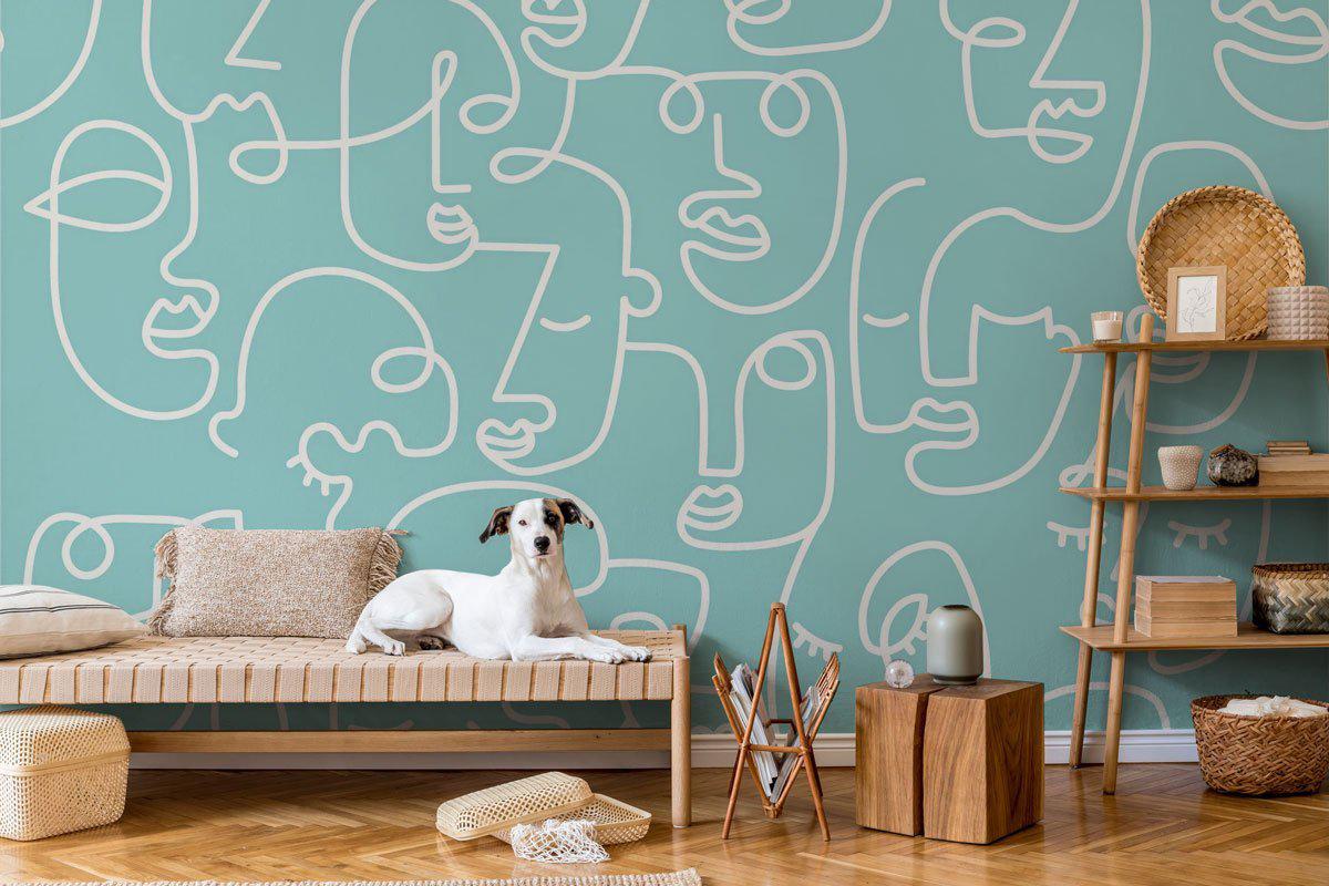 Blue Abstract Line Faces Wall Mural-Wall Mural-Eazywallz