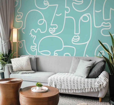 Blue Abstract Line Faces Wall Mural-Wall Mural-Eazywallz