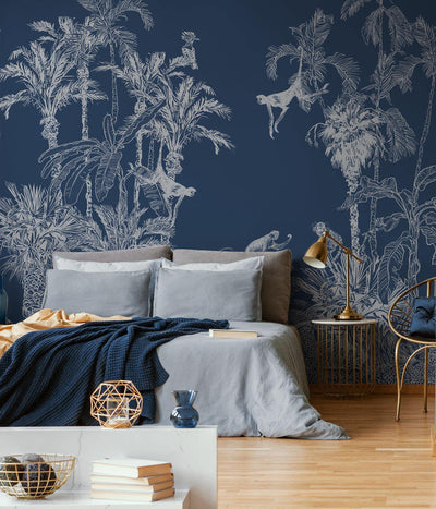 Blue Jungle Dream Toile Wall Mural-Wall Mural-Eazywallz