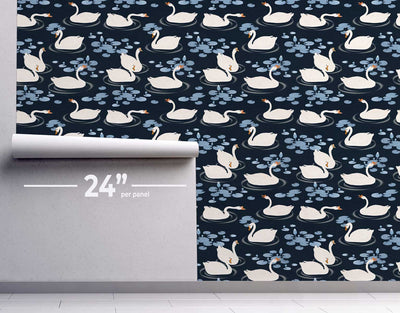Blue Pond Swans Wallpaper #472-Repeat Pattern Wallpaper-Eazywallz